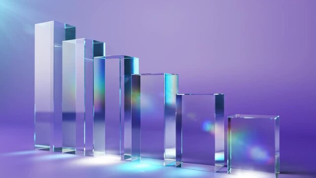 Elegant Abstract 3D Glass Bar Chart with Transparent Crystal Pillars on Purple Background for Financial Growth and Corporate Technology Presentations.