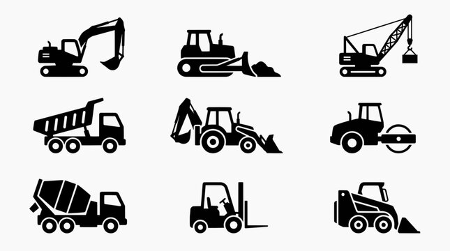 Heavy machinery vehicles are parked on a flat surface in a line.