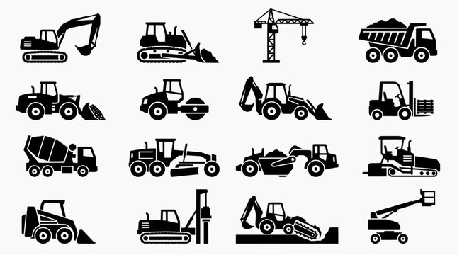 Heavy machinery vehicles are parked in a construction site yard.