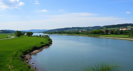 Obraz premium Landscape with lake and river under blue sky, green summer countryside with trees, grass, meadow, stream, and natural island view