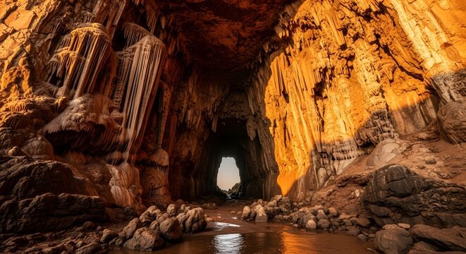 Natural Canyon Passage with Stalactites and Sunlight
