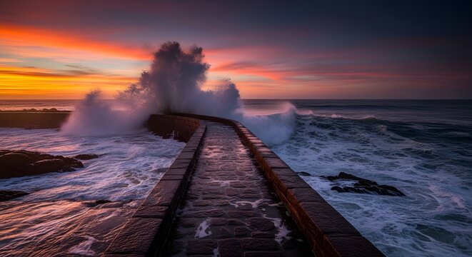 Ocean waves crashing against pier at sunset or sunrise