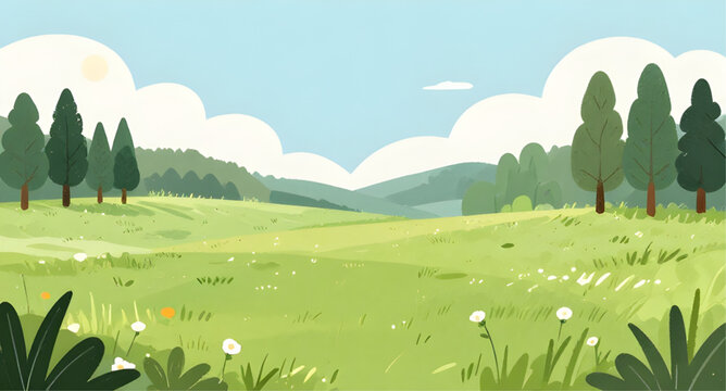 meadow, landscape, cartoon, green, trees, sky, blue, grass, nature, field, outdoor, scenery, hills, clouds, bright, vector, simple