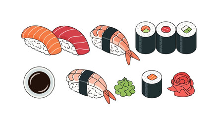 Assortment of Sushi Rolls, Nigiri, and Accompaniments on White Background © Usaha