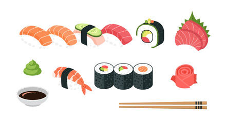 Assorted Sushi and Sashimi Platter with Chopsticks and Wasabi © Usaha