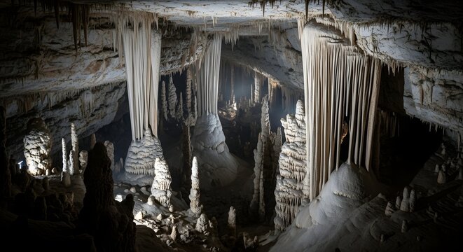 Mysterious Cave Formation With Stalactites and Underground Structures