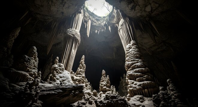 Mysterious cave interior formations with stalactites and flowstone