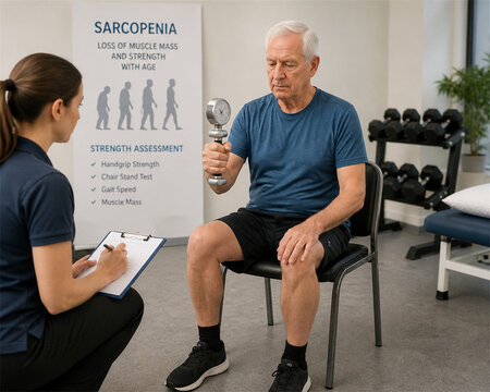 Older man doing strength assessment with therapist in rehabilitation clinic for sarcopenia muscle weakness prevention mobility support healthy aging exercise and clinical care guidance