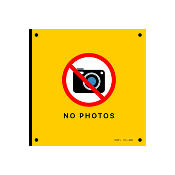 Clear no photos sign vector featuring a camera with prohibition symbol on a yellow background. Ideal for privacy protection, restricted areas, workplaces, museums, and security-controlled environments