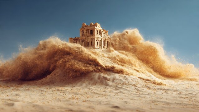 Surreal sand mansion crumbling into a desert dust wave, real estate market crash concept, climate change and desertification metaphor, fragile luxury estate in a sandstorm, 3D illustration.