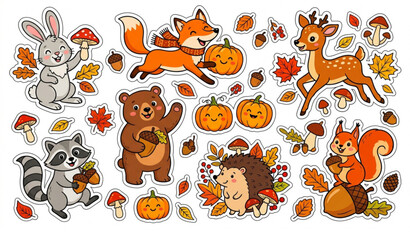 Fototapeta premium Autumn forest animal sticker vector set with cute woodland characters pumpkins leaves for kids design isolated on white