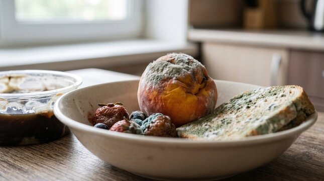 fuzzy mold consumes a peach and bread in a bowl, a visceral metaphor for the unstoppable passage of time and the quiet rot of neglect.