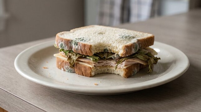 a half-eaten sandwich with moldy bread sits on a plate, a jarring metaphor for a life interrupted by unseen decay.