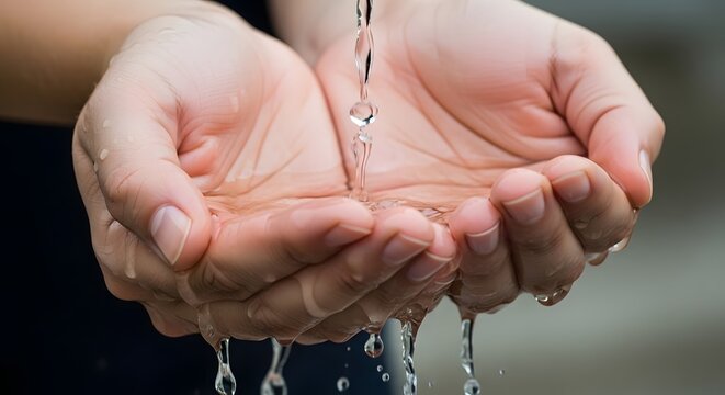 Hands catching falling water droplets