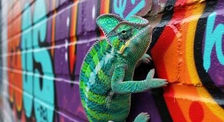 Fototapeta premium Colorful chameleon on graffiti wall urban.