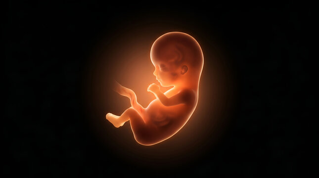 An illuminated depiction of a developing human fetus glowing against a stark black background