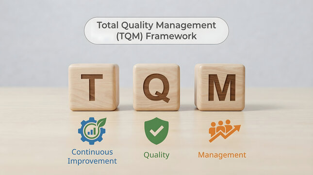Total quality management framework concept with tqm blocks and icons for continuous improvement quality and management