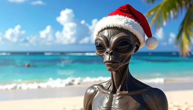 A beach alien wearing a Santa hat