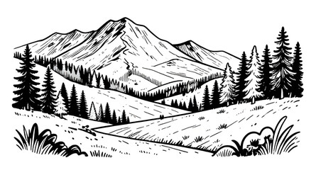 hand drawn mountain landscape, black and white forest illustration, coniferous trees vector, pine tree mountain scene, sketch style landscape, line art nature design, monochrome mountain drawing, rust © mrpixel