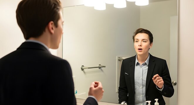 Person practicing interview skills in mirror reflection
