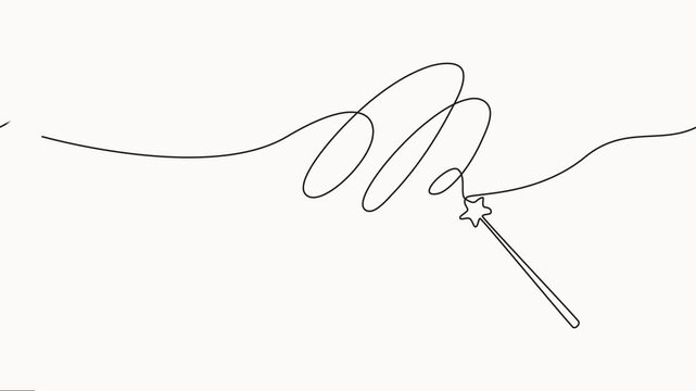 Animated self drawing of continuous line drawing magic stick ready to entertain audience at television show. Full length one line animation, a magic wand performing tricks at a circus show.