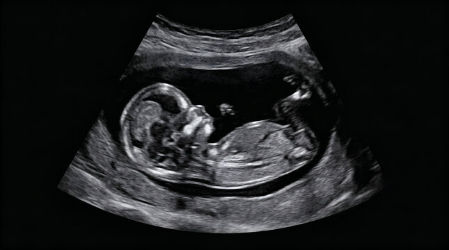 Sonogram of a healthy fetus during a prenatal ultrasound scan, showing early development
