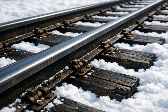 Angled Close Up of Winter Railway Tracks with Snow on Wooden Ties