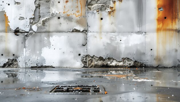 Textured decay of abandoned concrete walls and reflective puddles evoke a somber narrative of time's relentless passage within forgotten urban spaces