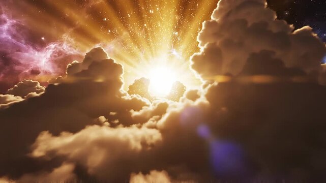 Stunning golden sunrise with radiant sunbeams shining through dramatic clouds in a celestial sky