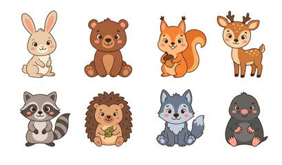 Fototapeta premium Cute baby forest animals vector set with hedgehog bear squirrel wolf raccoon hare deer cartoon illustration isolated on white