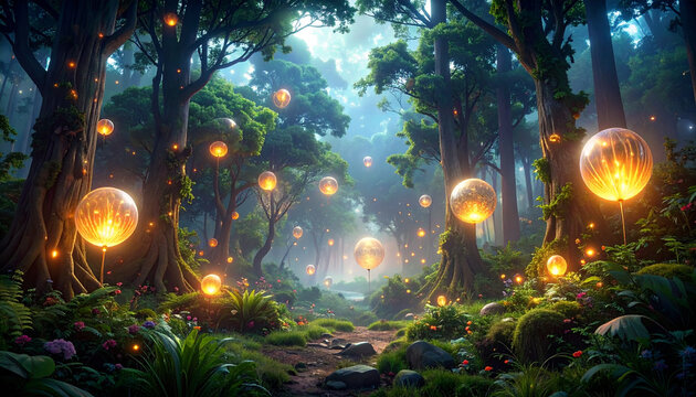 Enchanted forest scene glowing orbs