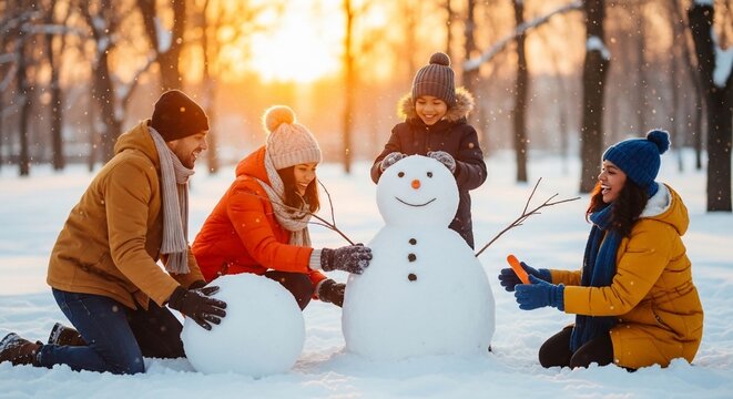 Family building snowman winter day