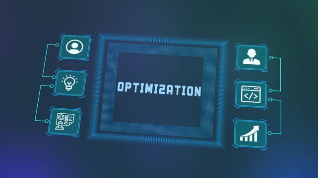 Optimization Technology Interface With Data Analytics And Performance Icons, Business Process Improvement And Digital Strategy Concept.