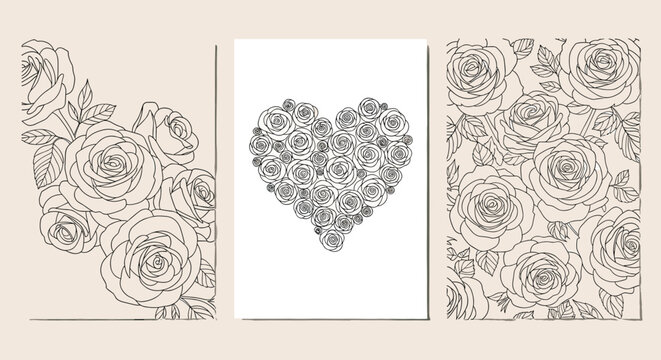 Elegant floral design set featuring roses in black line art including a heart shaped arrangement and a full page pattern.