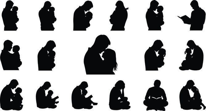 Black silhouettes of parents and their children showing affection and care for their offspring