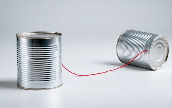 Two metal cans connected by red string on white surface