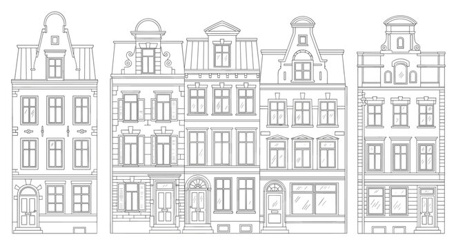 Detailed black and white architectural line drawing of several traditional European townhouses with classic facade designs.