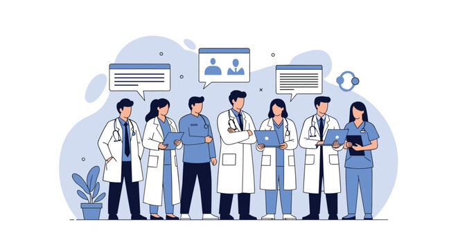 Team of diverse medical professionals including doctors and nurses in white coats and blue scrubs standing together for a group portrait.