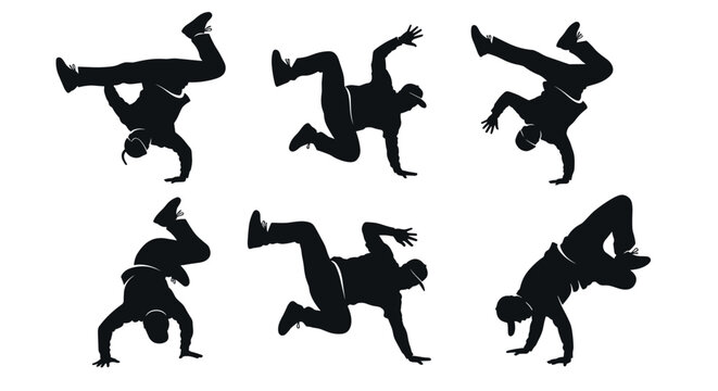 Set of six black silhouettes of breakdancers in various dynamic and acrobatic poses representing street dance culture and athletic skill.