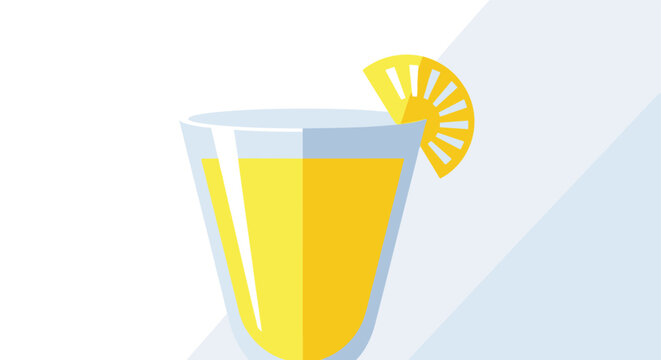 Minimalist illustration of a glass filled with yellow liquid, likely orange juice or a cocktail, garnished with a slice of citrus fruit.