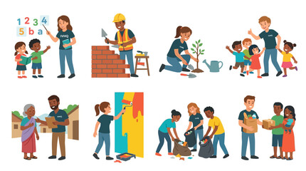 Fototapeta premium Diverse volunteers perform various charitable acts including community teaching, construction work, environmental planting, cleaning, painting and providing humanitarian food assistance