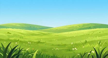 cartoon green hills illustration, vibrant landscape background, blue sky scenery, rolling hills cartoon, nature vector design, grassy field illustration, sunny outdoor scene, simple landscape backgrou © mrpixel