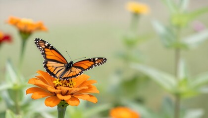 Fototapeta premium A monarch butterfly on a zinnia flower, representing National Pollinator Month and the need for biodiversity conservation