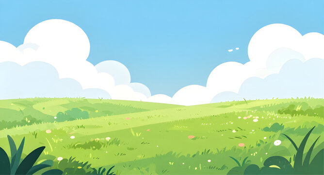 cartoon rolling hills illustration, green hills landscape vector, blue sky with clouds, fluffy white cloud background, nature scenery cartoon, grassy field illustration, sunny outdoor landscape, simpl