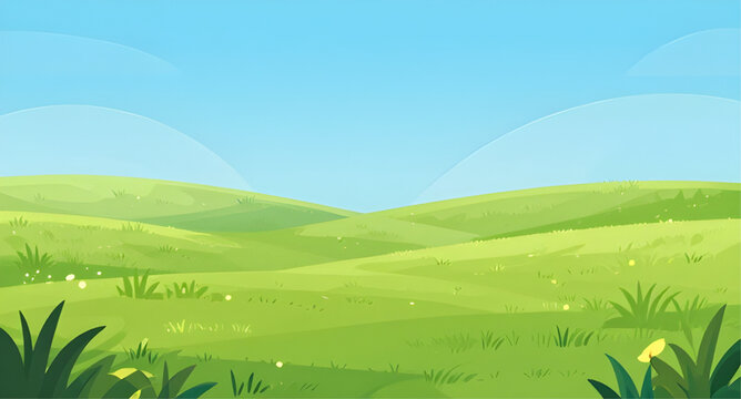 cartoon green hills illustration, vibrant landscape background, blue sky scenery, rolling hills cartoon, nature vector design, grassy field illustration, sunny outdoor scene, simple landscape backgrou
