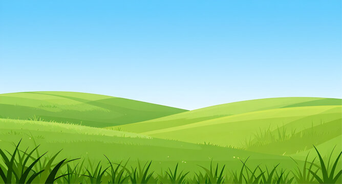 cartoon green hills illustration, vibrant landscape background, blue sky scenery, rolling hills cartoon, nature vector design, grassy field illustration, sunny outdoor scene, simple landscape backgrou