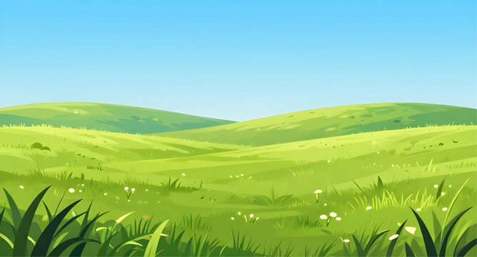 cartoon green hills illustration, vibrant landscape background, blue sky scenery, rolling hills cartoon, nature vector design, grassy field illustration, sunny outdoor scene, simple landscape backgrou