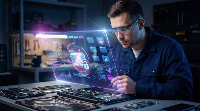 Computer Technician Examining Augmented Reality Data on Disassembled Laptop