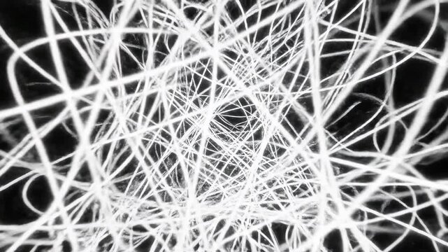 Abstract white glowing scribble with tangled neon lines on a black background for motion graphics and creative overlays.