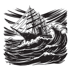 sailing ship battling stormy ocean waves dramatic black and white vector illustration © kazi
